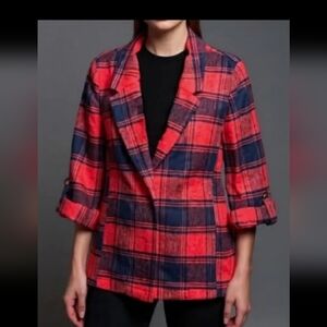 Lapis Red & Navy Plaid Open-Front Blazer Size M